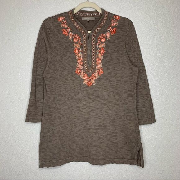 Tommy Bahama Linen Blend Brown 3/4 Sleeve Embroidered Top - Picture 1 of 11